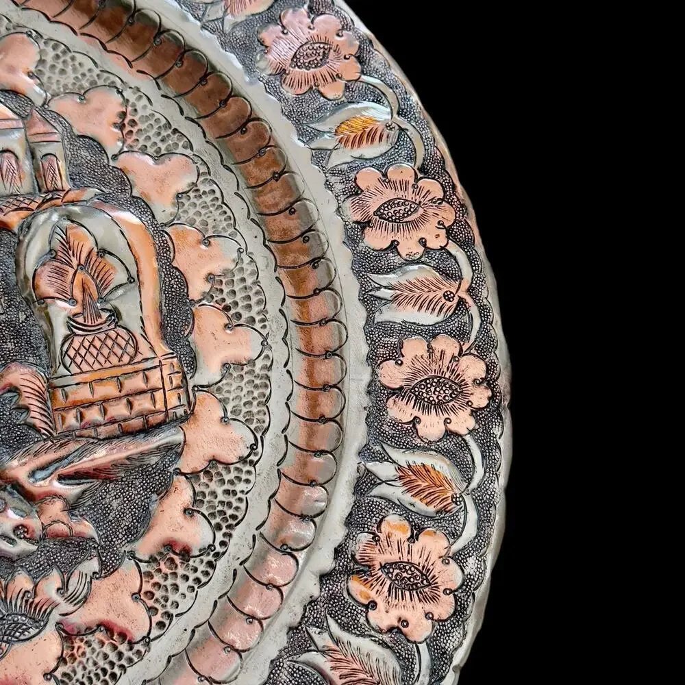 Antique 13” Persian Islamic Tinned Copper Wall Tray Embossed Scene Scalloped Rim
